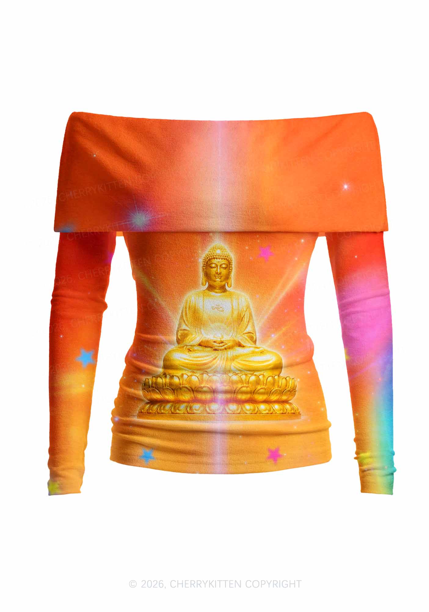 Golden Buddha Y2K Off Shoulder Fold Over Knit Top Cherrykitten