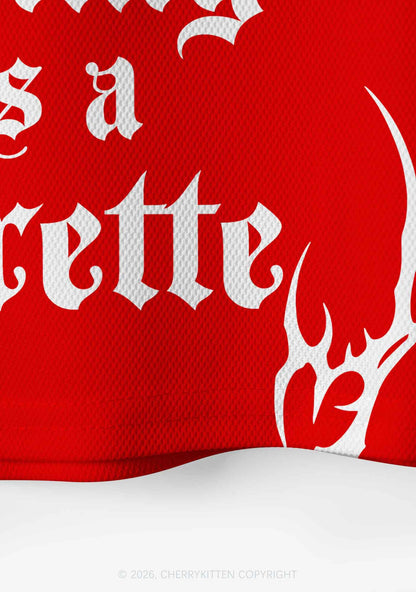 Red Gothic Mommy Needs A Cigarette Y2K Crop Sport Jersey Shirts Cherrykitten