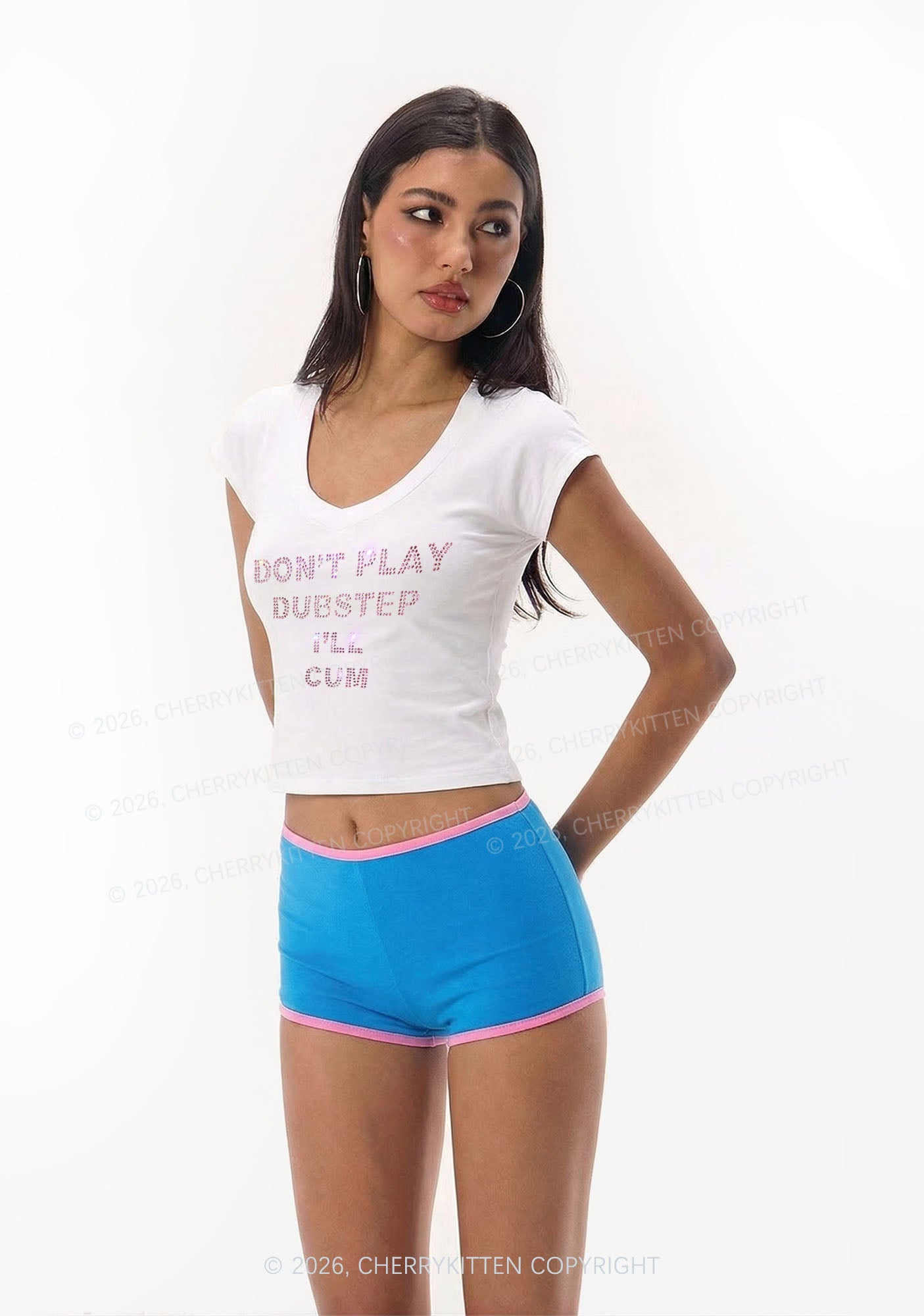 Rhinestone Dont Play Dubstep Y2K V Neck T Shirts Cherrykitten