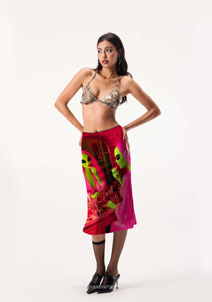 Pink Wig Makeup Alien Y2K Print Midi Skirt Cherrykitten