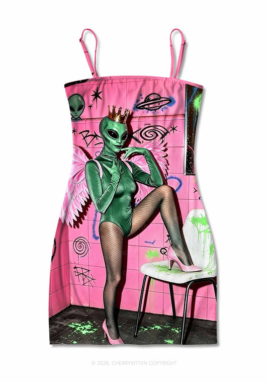 Alien Angel Graffiti Wall Y2K Print Slip Dress Cherrykitten