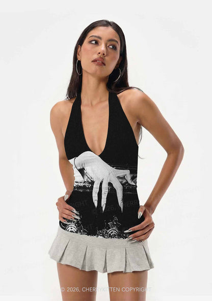 Halloween Black Vampire Claw Y2K Print Halter Deep V Neck Cami Cherrykitten
