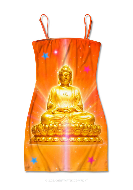 Golden Buddha Y2K Print Slip Dress Cherrykitten