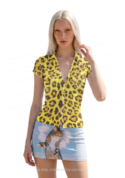 Yellow Leopard Y2K Mesh Ruched Waist V Neck Top Cherrykitten