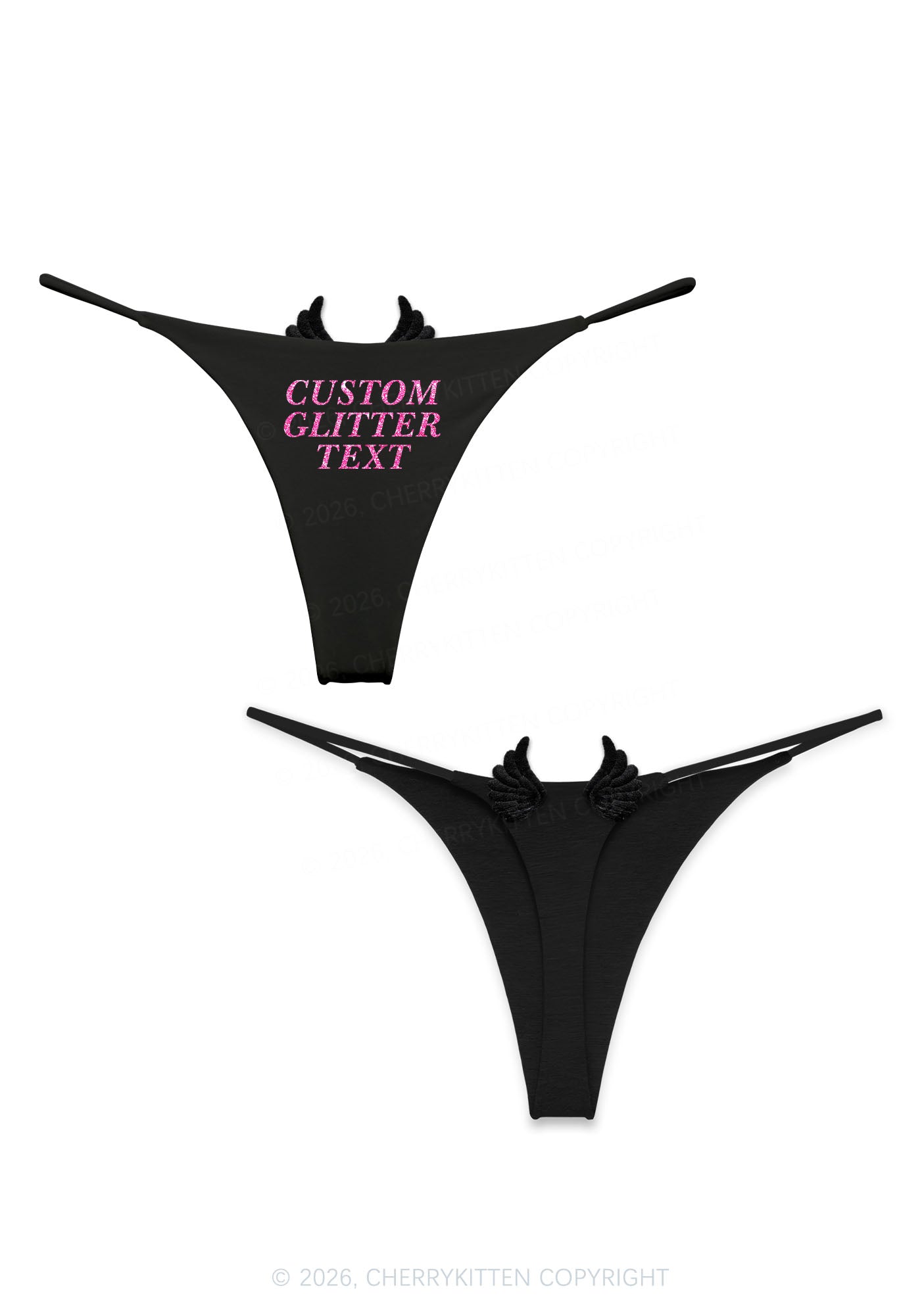 Custom Text Glitter Y2K Bikini String Thong With Black Wings Cherrykitten