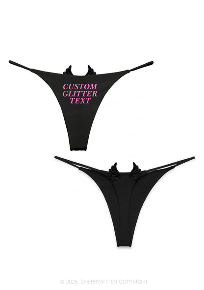 Custom Text Glitter Y2K Bikini String Thong With Black Wings Cherrykitten