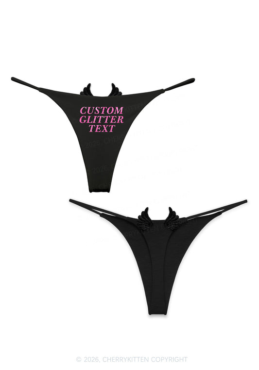 Custom Text Glitter Y2K Bikini String Thong With Black Wings Cherrykitten