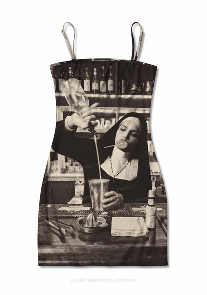 Nun Bartender Y2K Print Slip Dress Cherrykitten