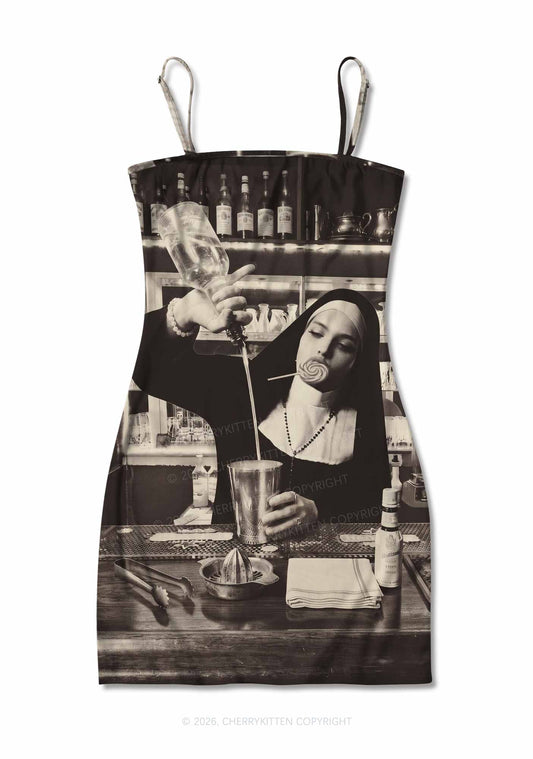 Nun Bartender Y2K Print Slip Dress Cherrykitten