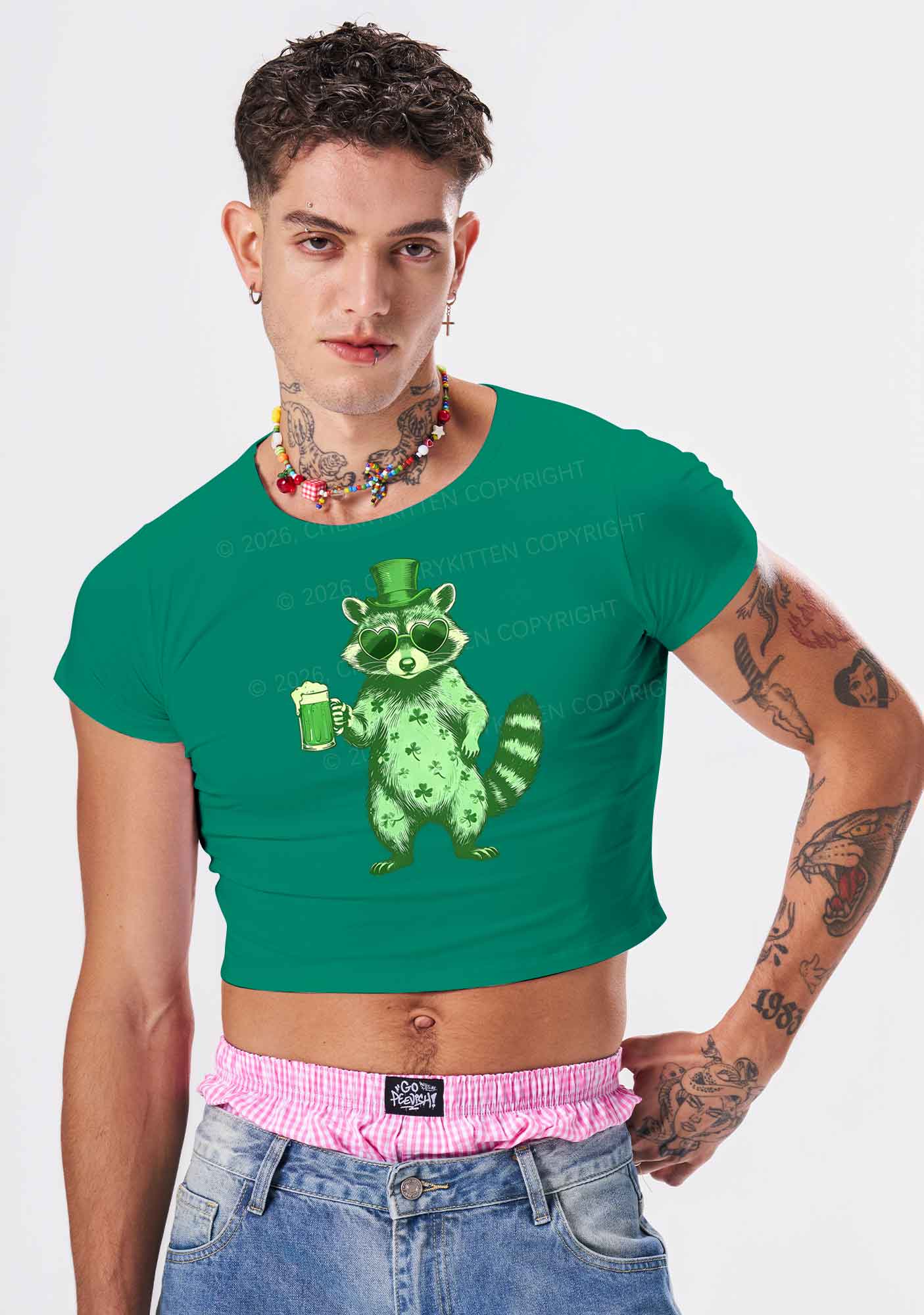 Green Feral Raccoon St Patricks Y2K Baby Tee Cherrykitten