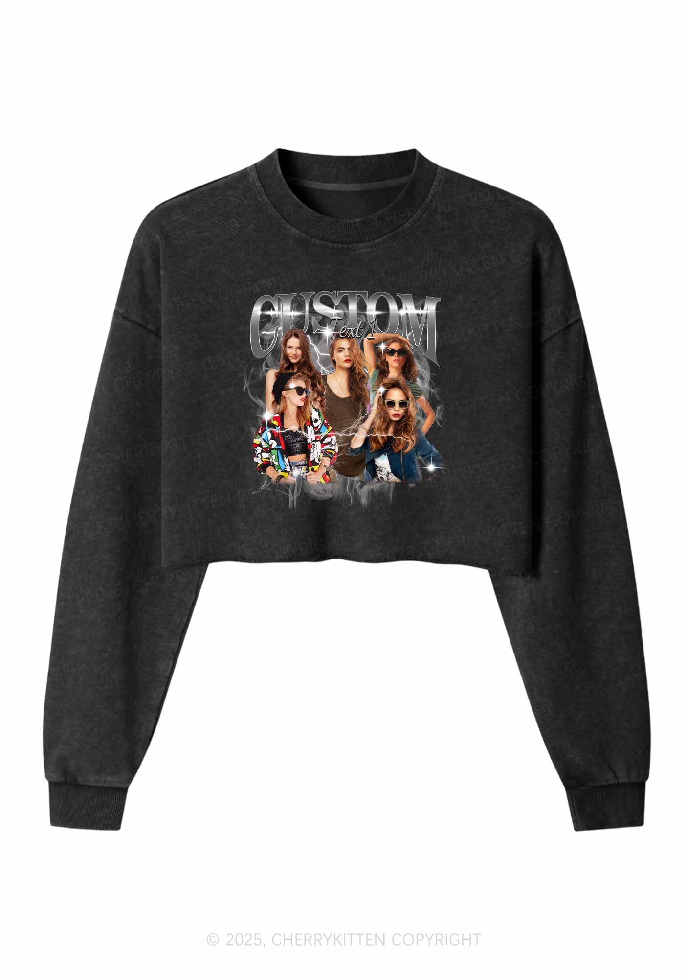 Custom Photo Vintage Y2K Crop Washed Sweatshirts Cherrykitten