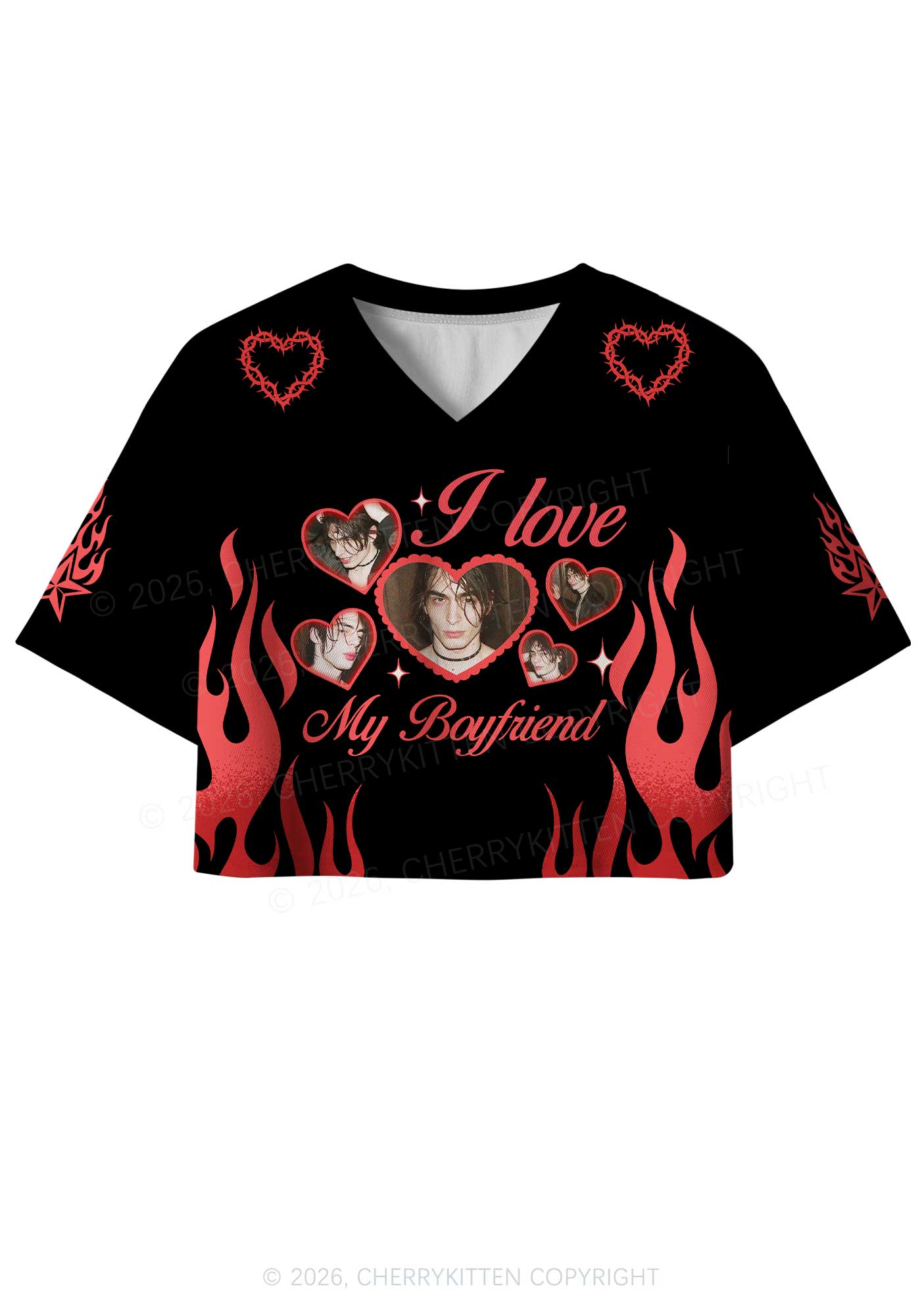 Custom Photos Red Flame I Love My GF BF Y2K Crop Sport Jersey Shirts Cherrykitten