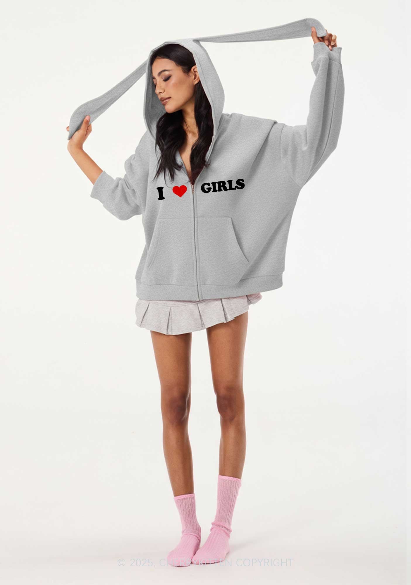 I Love Girls Y2K Bunny Ear Zip Hoodie Cherrykitten