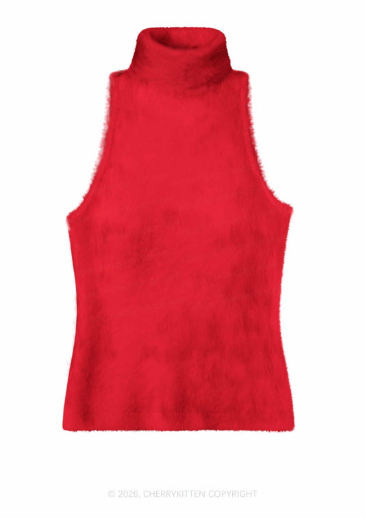Plain Red Y2K Knit Turtleneck Tank Top Cherrykitten