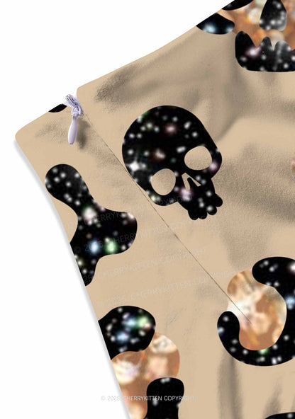 Halloween Leopard Sparkly Skull Y2K Print Mini Skirt Cherrykitten