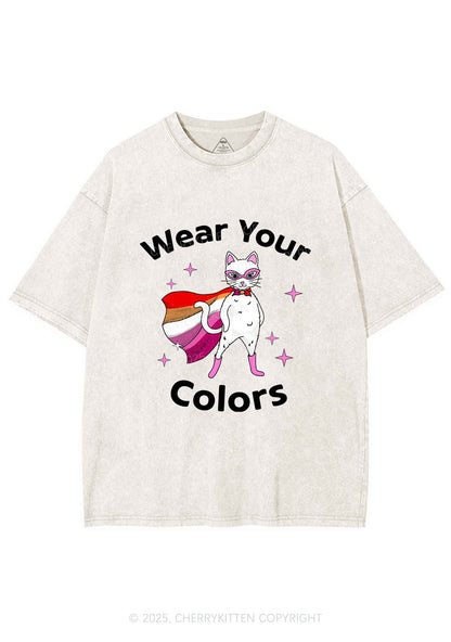 Lesbian Flag Cat Pride Y2K Shirts Washed Tee Cherrykitten