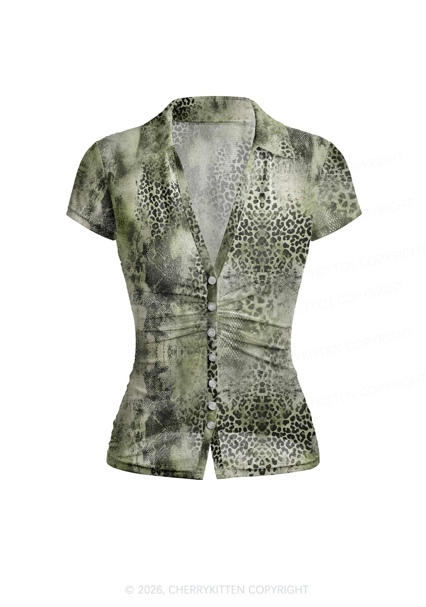 Green Leopard Y2K Mesh Ruched Waist V Neck Top Cherrykitten