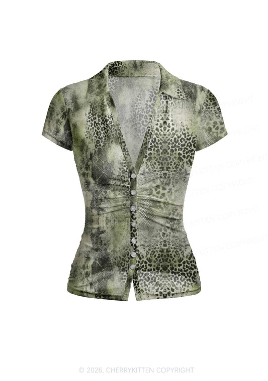 Green Leopard Y2K Mesh Ruched Waist V Neck Top Cherrykitten