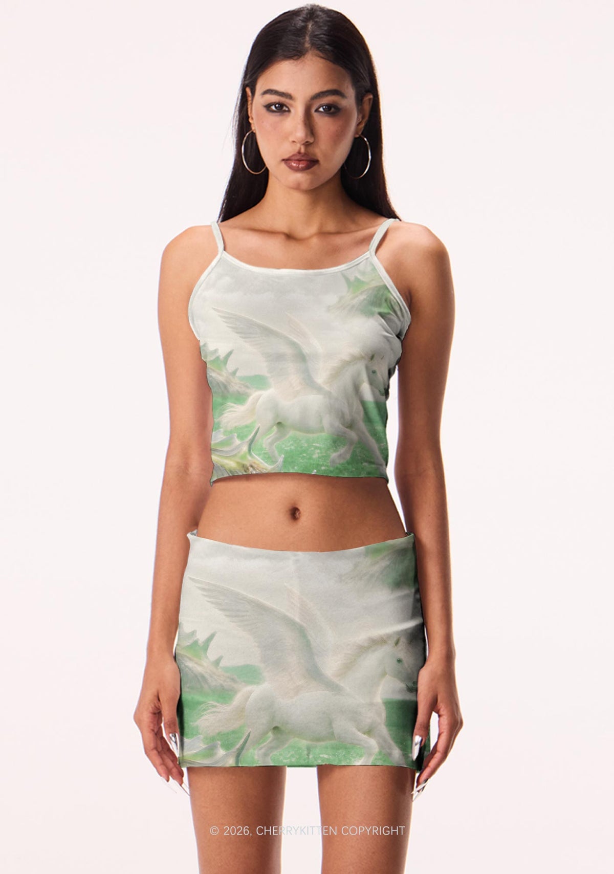 White Winged Horse On Meadow Y2K Print Mini Skirt Cherrykitten