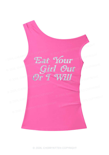 Glitter Eat Your Girl Out Y2K Off Shoulder Tank Top Cherrykitten