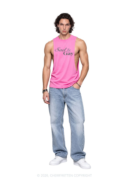 Sad Gay Pride Y2K Men Muscle Side Cutoff Tank Top Cherrykitten