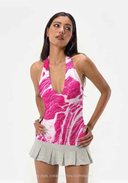Halloween Pink Beef Texture Y2K Print Halter Deep V Neck Cami Cherrykitten