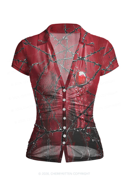 Halloween Thorned Ruby Y2K Mesh Ruched  Waist  V Neck Top Cherrykitten
