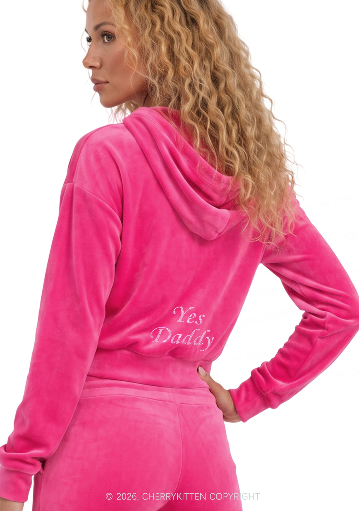 Rhinestone Yes Daddy Y2K Velvet Tracksuit Set Cherrykitten