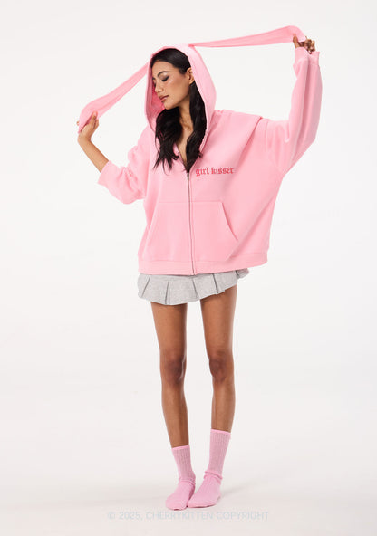 Rhinestone Girl kisser Pride Y2K Bunny Ear Zip Hoodie Cherrykitten