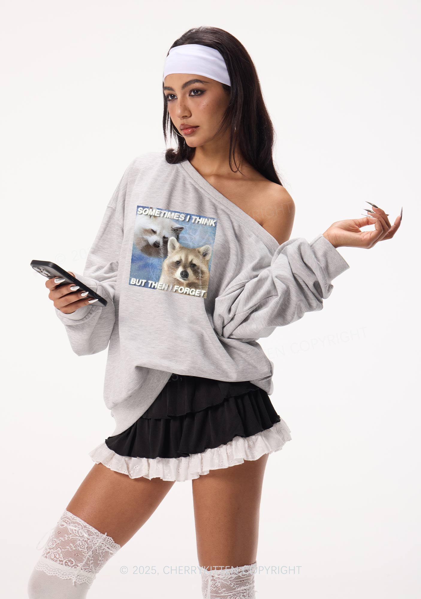 Raccoon Sometimes Think Y2K Off Shoulder Sweatshirts Cherrykitten