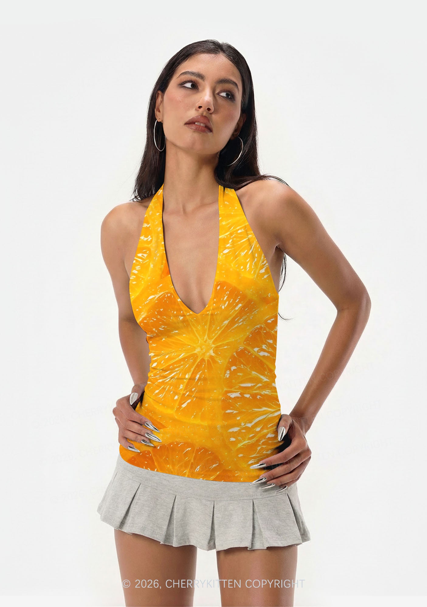 Orange Slice Y2K Print Halter Deep V Neck Cami Cherrykitten