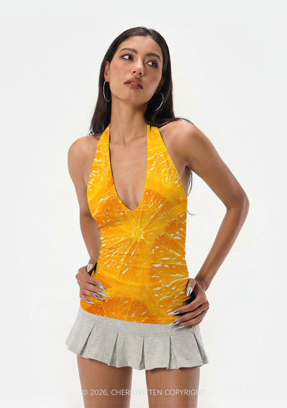 Orange Slice Y2K Print Halter Deep V Neck Cami Cherrykitten