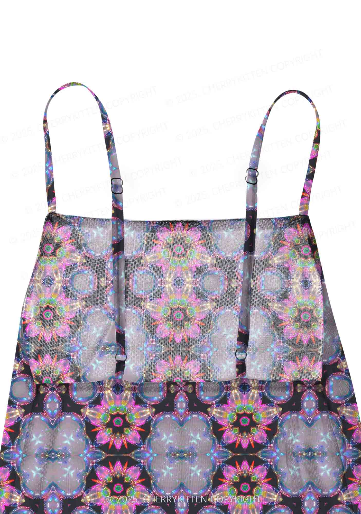 Rainbow Glow Y2K Mesh Slip Dress Cherrykitten