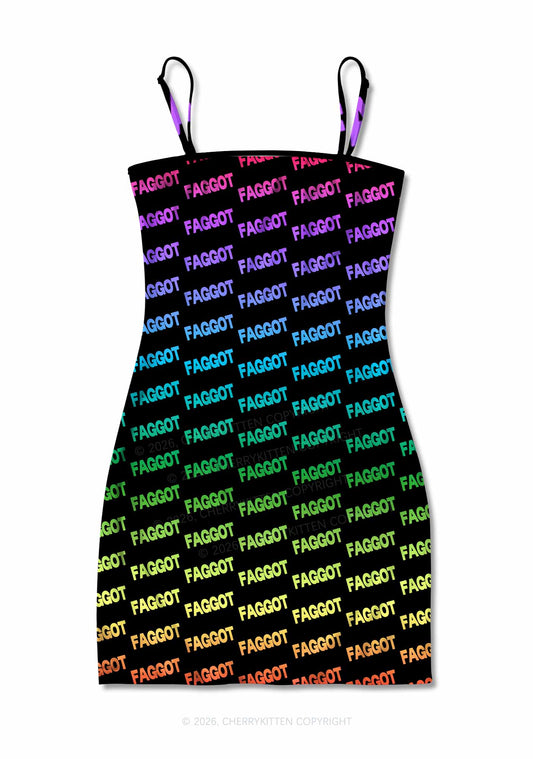 Neon Rainbow Faggot Pride Y2K Print Slip Dress Cherrykitten