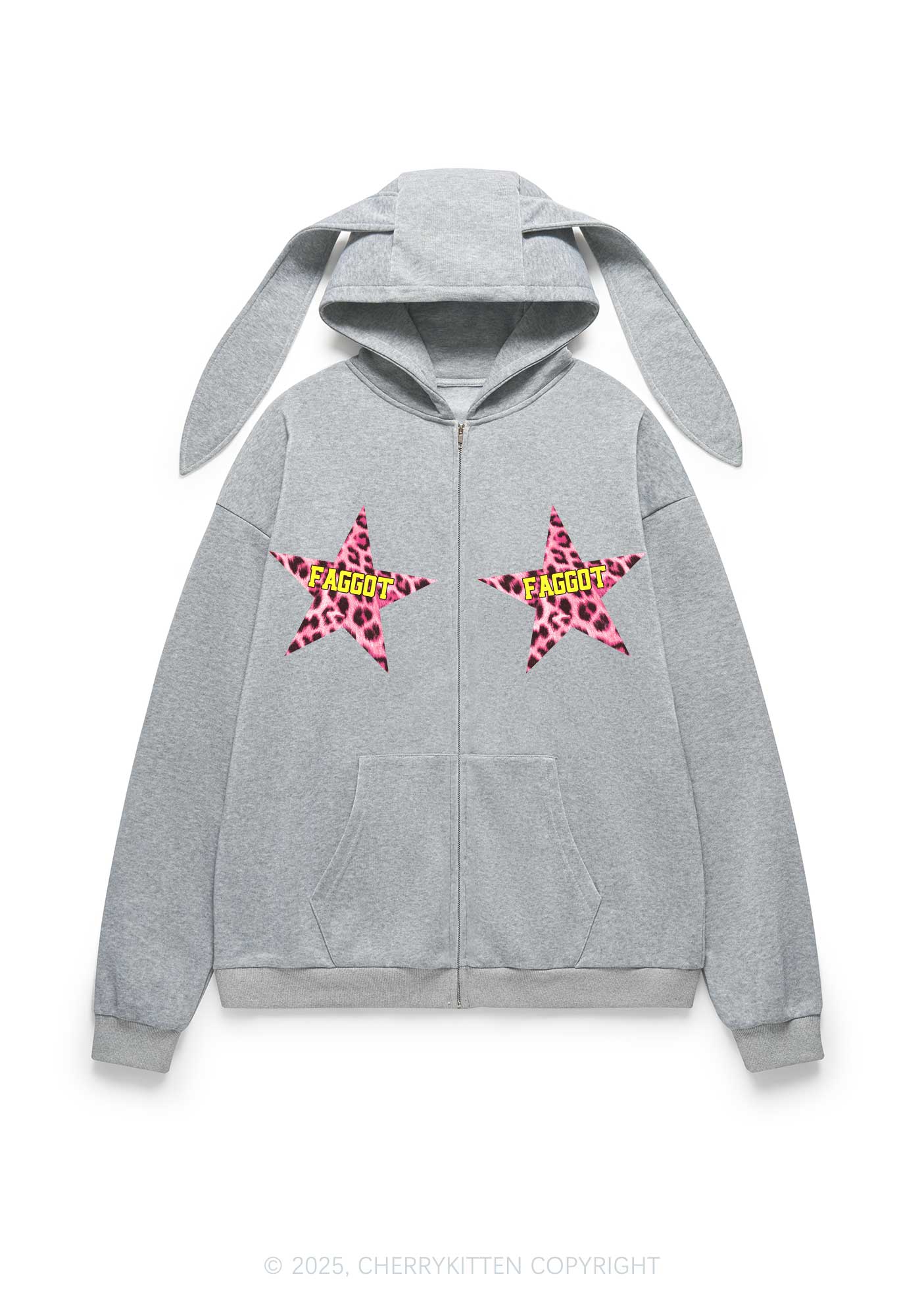 Faggot Leopard Star Pride Y2K Bunny Ear Zip Hoodie Cherrykitten