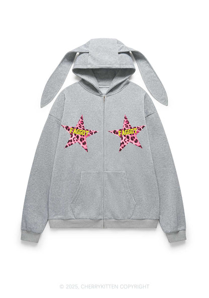 Faggot Leopard Star Pride Y2K Bunny Ear Zip Hoodie Cherrykitten