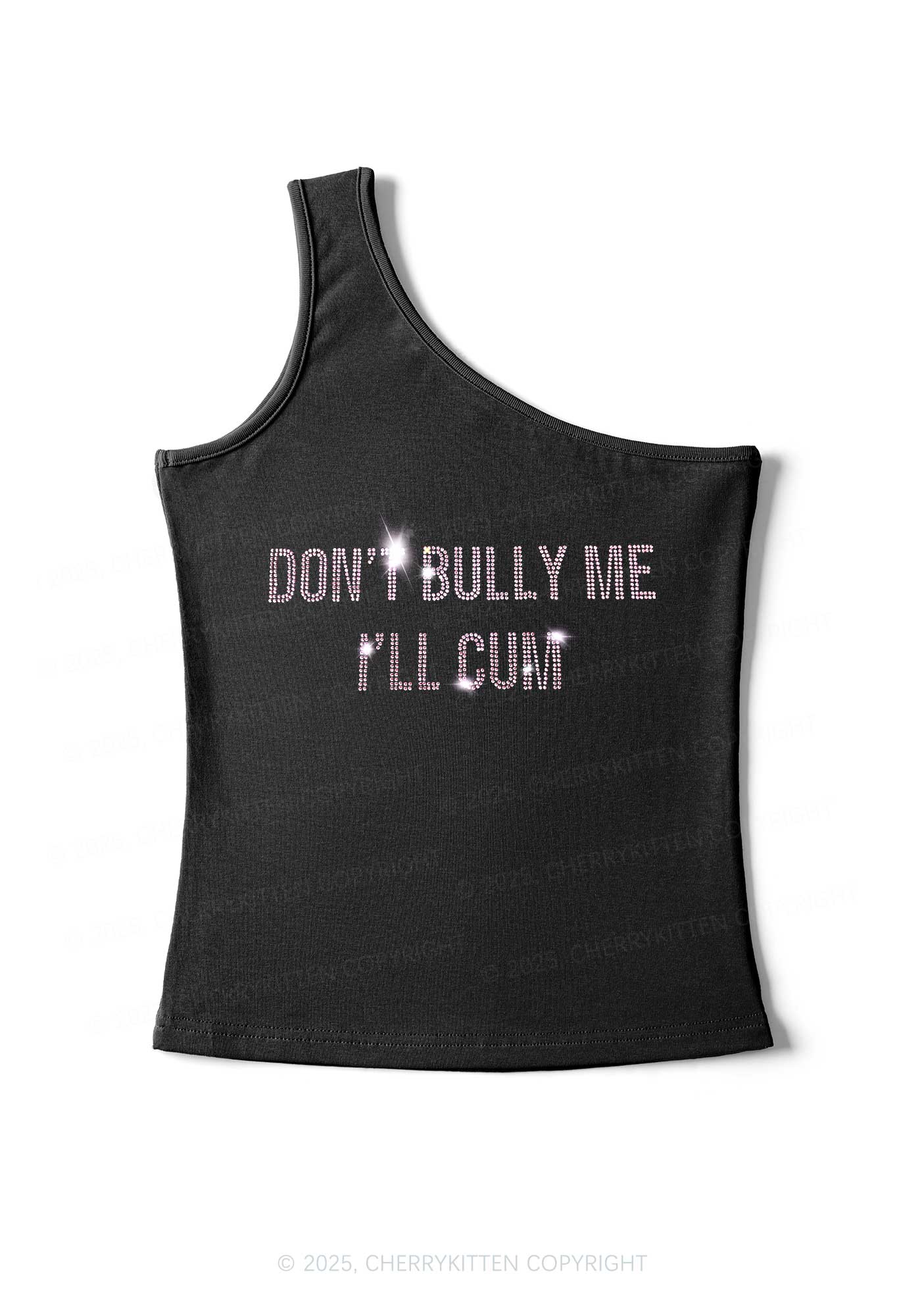 Rhinestone Dont Bully Me Y2K One Shoulder Tank Top Cherrykitten