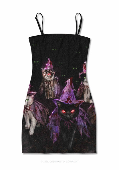 Halloween Purple Witch Hats Cat Y2K Print Slip Dress Cherrykitten