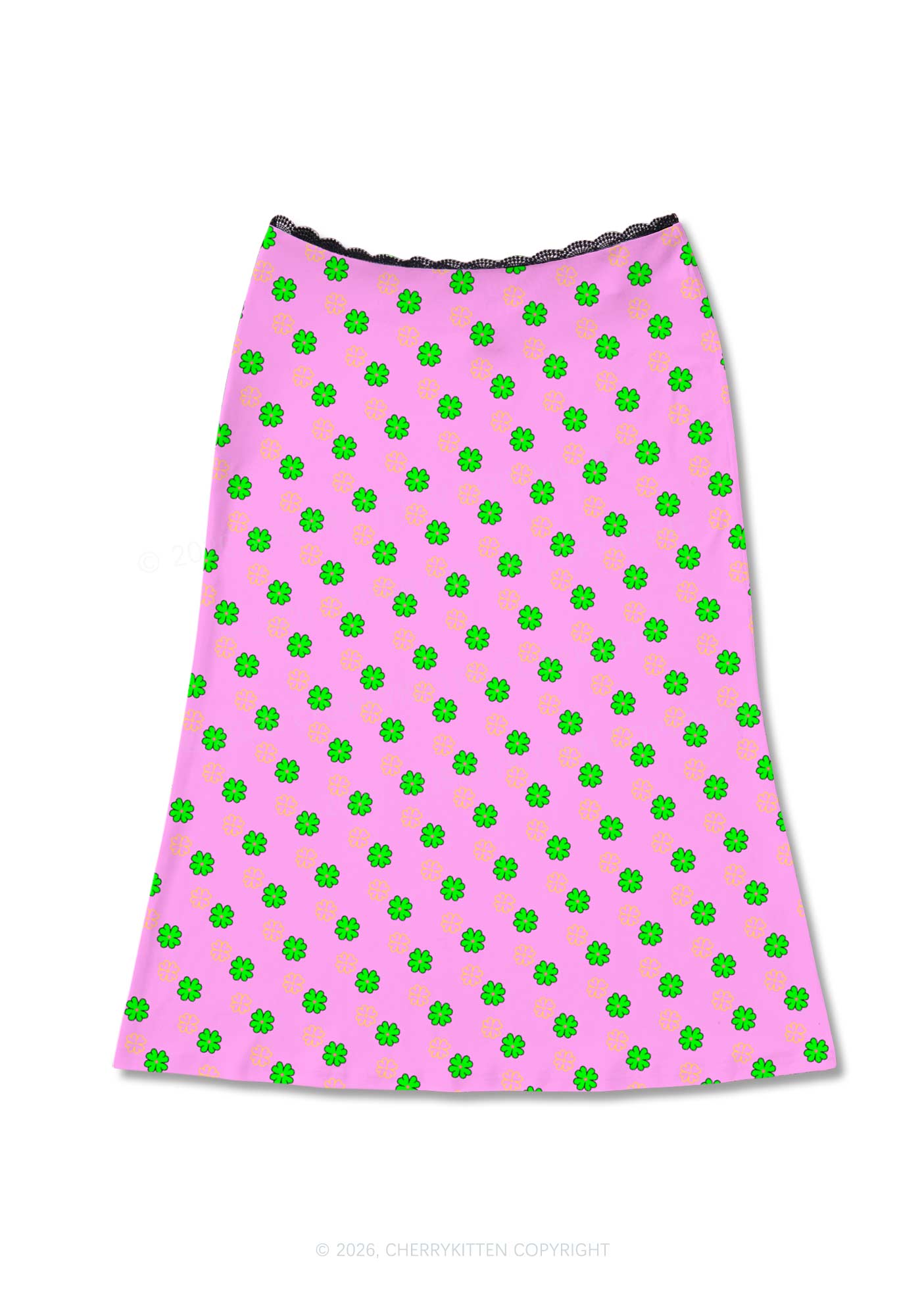 Clover On Pink St Patricks Y2K Print Midi Skirt Cherrykitten