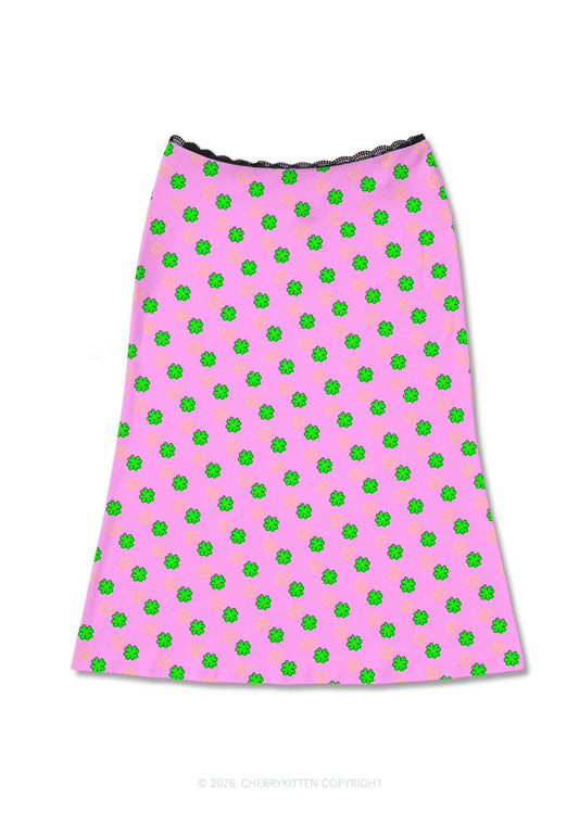 Clover On Pink St Patricks Y2K Print Midi Skirt Cherrykitten