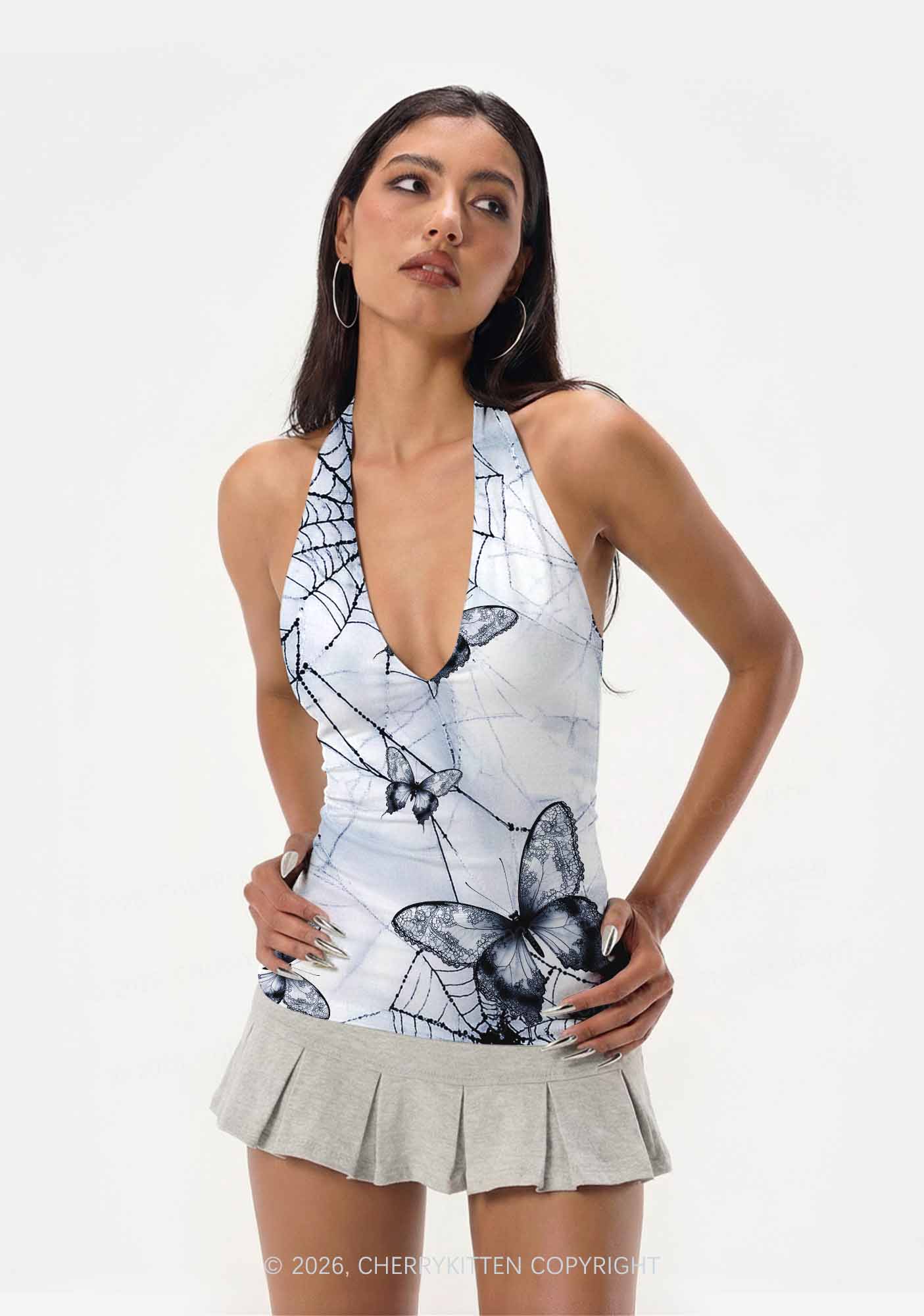Web And Butterflies Y2K Print Halter Deep V Neck Cami Cherrykitten