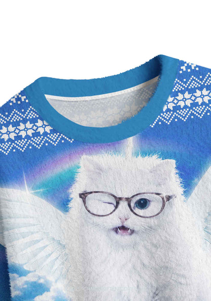 White Angel Glasses Cat Y2K Crop Knit Sweatshirt Cherrykitten