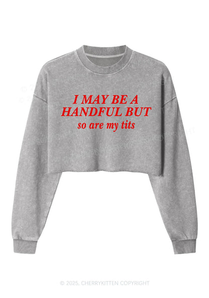 I May Be A Handful Y2K Crop Washed Sweatshirts Cherrykitten