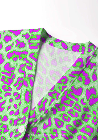 Green Leopard Y2K Christmas Cardigan Knit Sweatshirt Cherrykitten