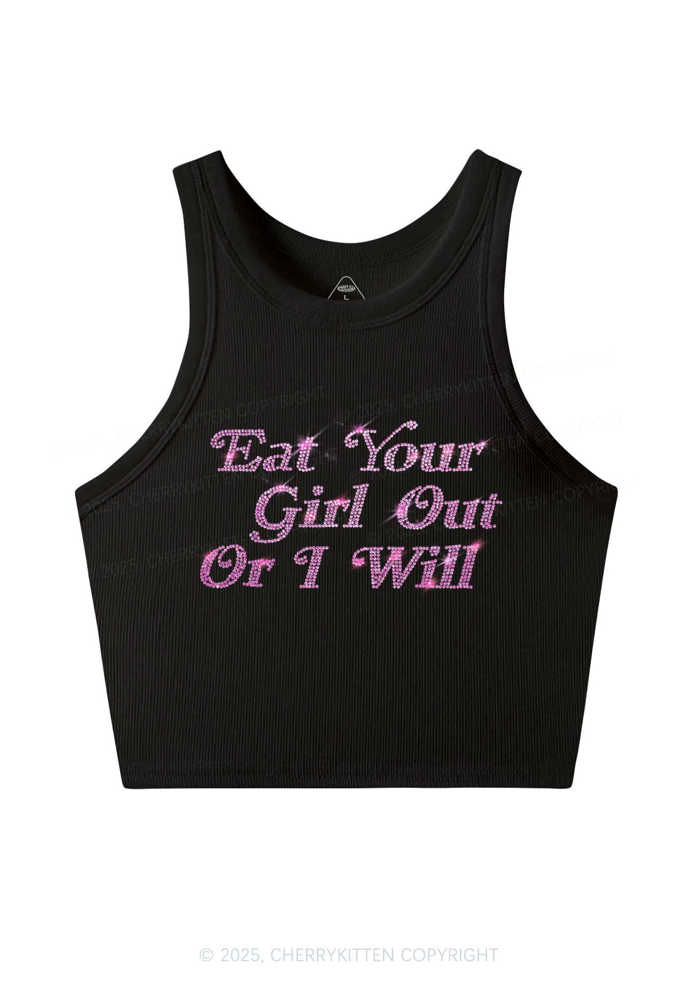 Rhinestone Eat Your Girl Out Y2K Crop Tank Top Cherrykitten