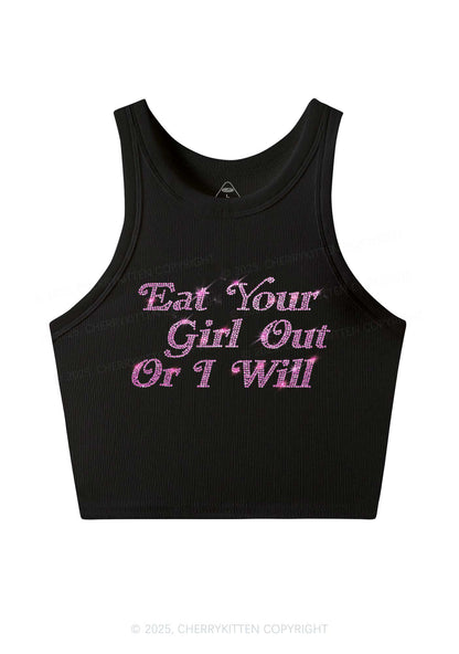 Rhinestone Eat Your Girl Out Y2K Crop Tank Top Cherrykitten