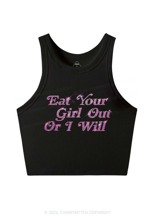 Rhinestone Eat Your Girl Out Y2K Crop Tank Top Cherrykitten