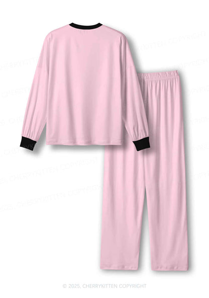 Plain Light Pink Y2K Print Long Sleeve Pajama Set Cherrykitten