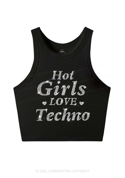 Rhinestone Hot Girls Love Techno Y2K Crop Tank Top Cherrykitten