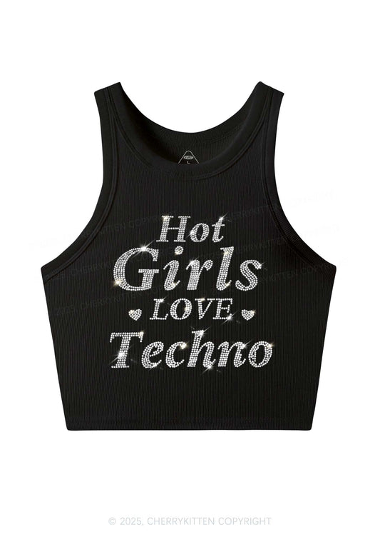 Rhinestone Hot Girls Love Techno Y2K Crop Tank Top Cherrykitten